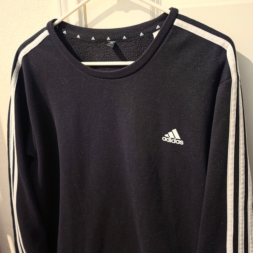 Adidas Primegreen Mens 2XL Black White 3 Stripe Fleece Crewneck Sweatshirt Logo